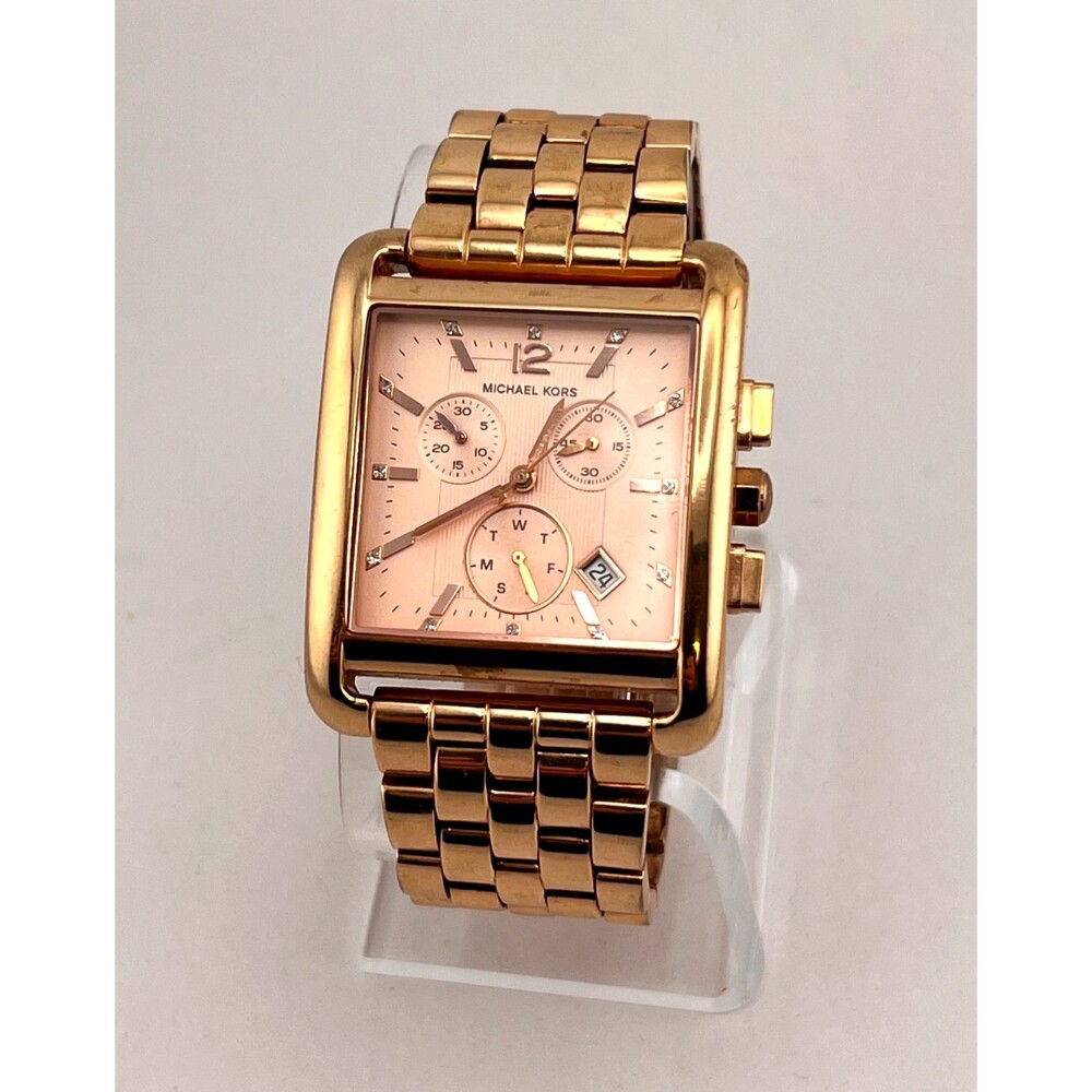 MICHAEL KORS Women's Wrist Watch MK-3142 Rose Gold Steel Rectangle Crystals Date